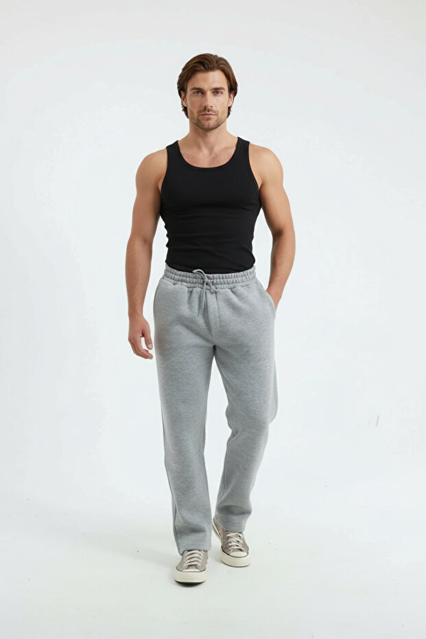 Gray 3-Thread Wide-Leg Baggy Sweatpants Winter Cotton Combed Cotton with Fleece Inside Comfortable Men's Bottom Wear