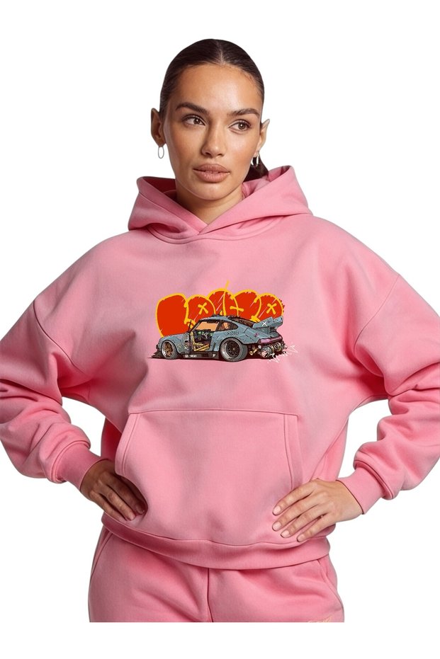 Unisex Car Colorful Custom Printed Cotton Oversize Hooded Sweatshirt
