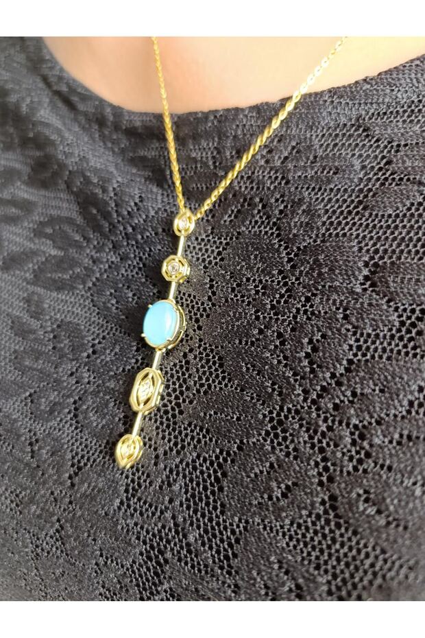 Zircon Stone, Y Model Turquoise Steel Necklace