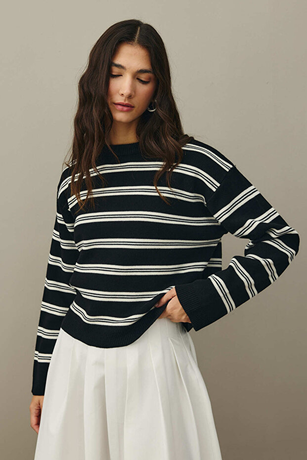 Çizgili Basic Triko Kazak Siyah - 6