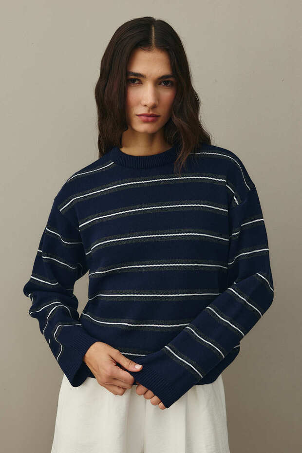 Çizgili Basic Triko Kazak Lacivert - 7
