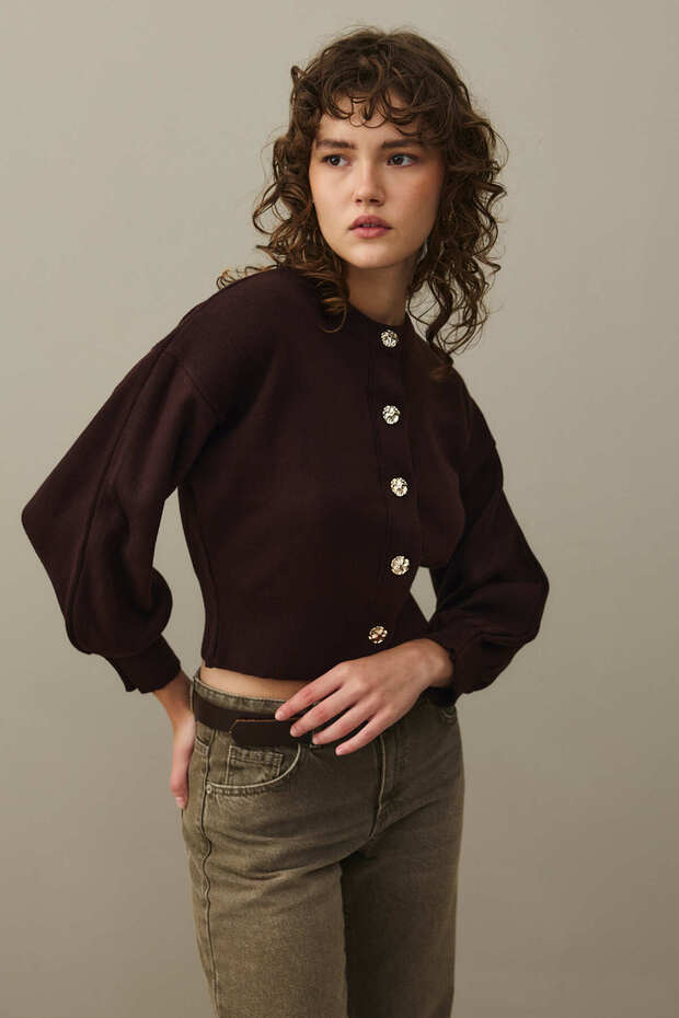 Dore Düğmeli Triko Hırka Mürdüm - 6