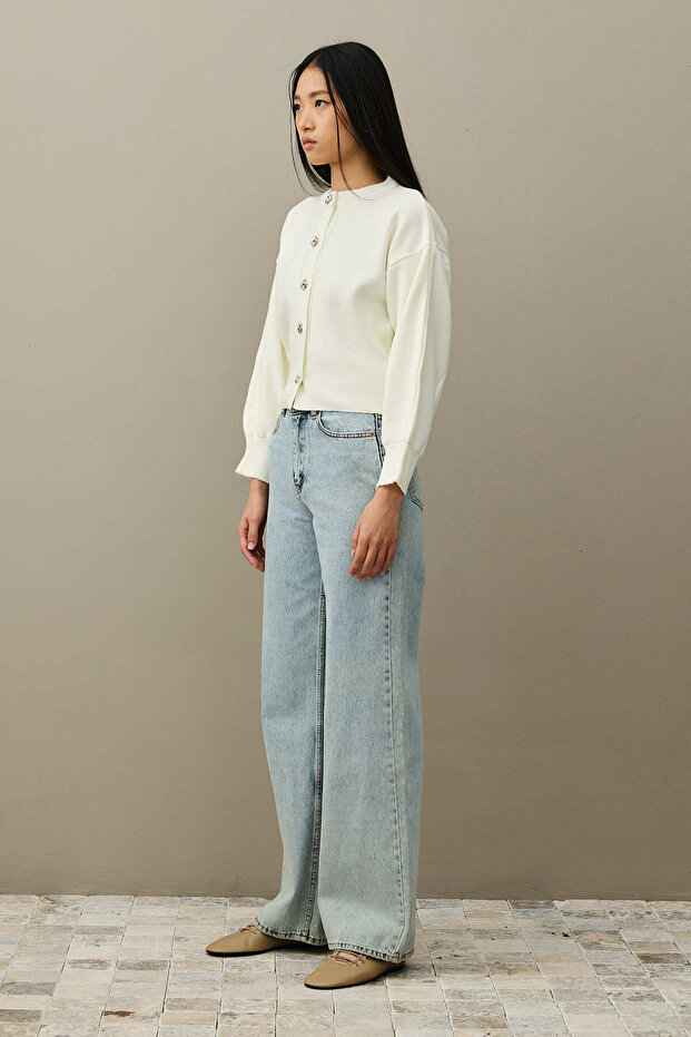 Dore Düğmeli Triko Hırka Ekru - 1