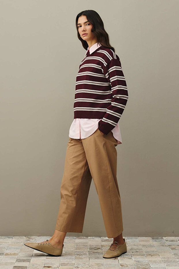 Çizgili Basic Triko Kazak Bordo - 2