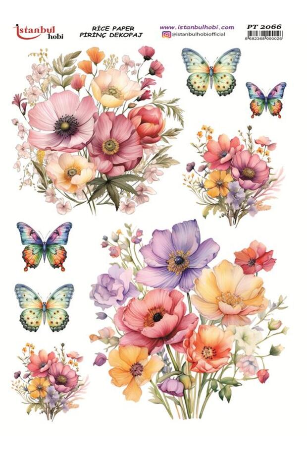 Rice Decoupage Paper 30X42Cm Pt-2066 Butterfly and Flowers