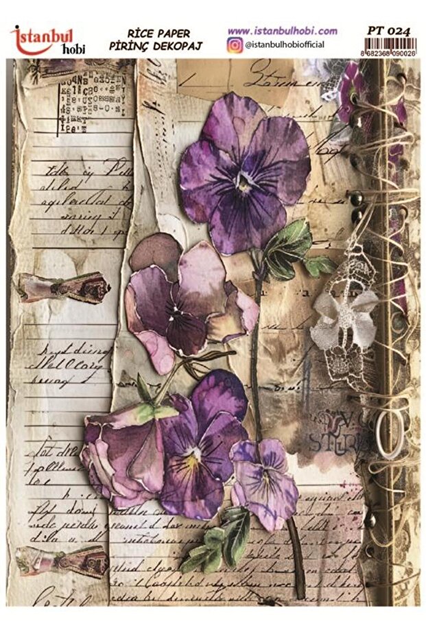 Rice Decopage Paper 30X42Cm Pt-024 Writing and Flowers