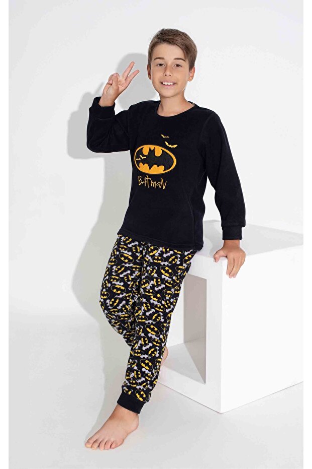 Erkek Siyah Genç VE Çocuk Desenli Uzun Kollu Polar Kumaş Kışlık Sıcak Tutan Pijama Takımı - 2