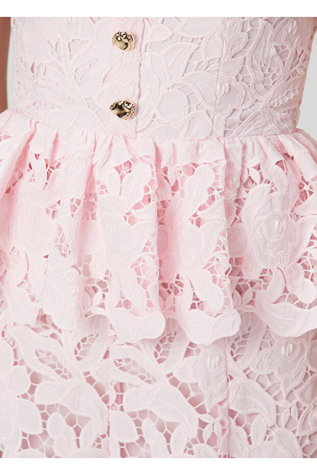 Pembe Midi Dantel Elbise - 5