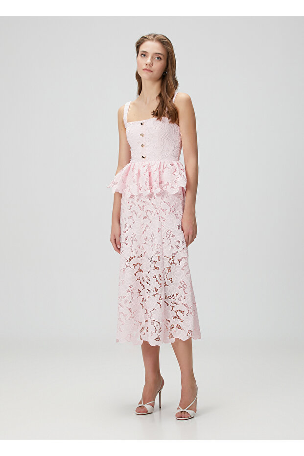 Pembe Midi Dantel Elbise - 2