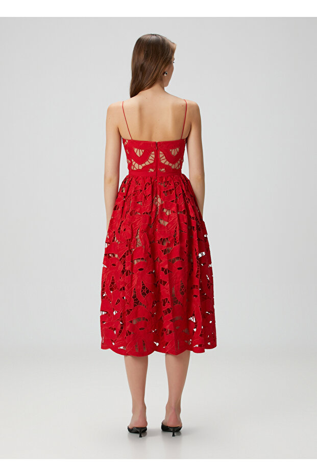 Kırmızı Dantelli Midi Elbise - 4