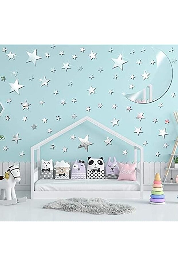 Acrylic Mirror Wall Stickers for Home Decor, 61 Pieces Star and Moon Decal Set, Reflective Silver W