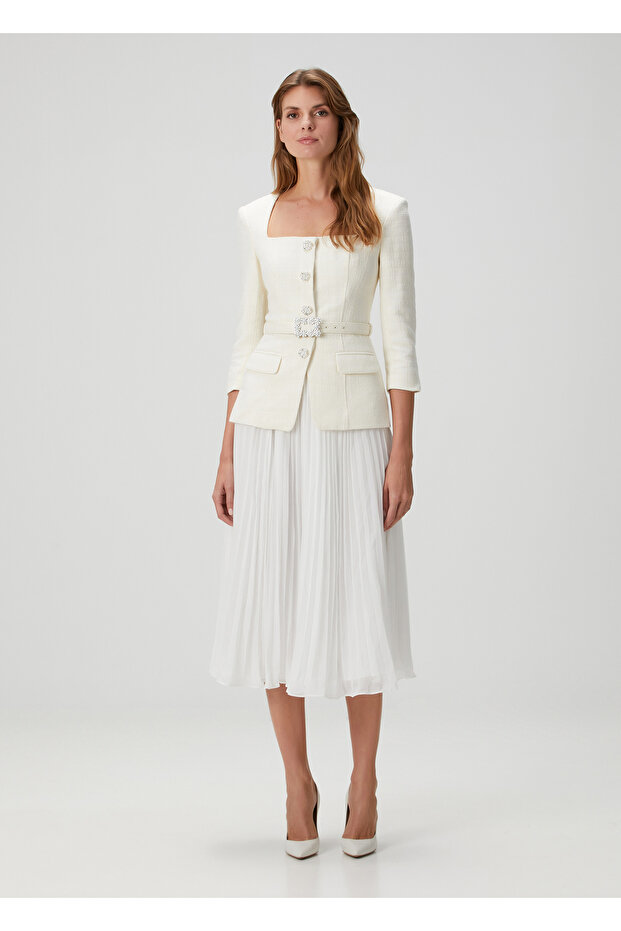 Krem Midi Ceket Elbise - 1