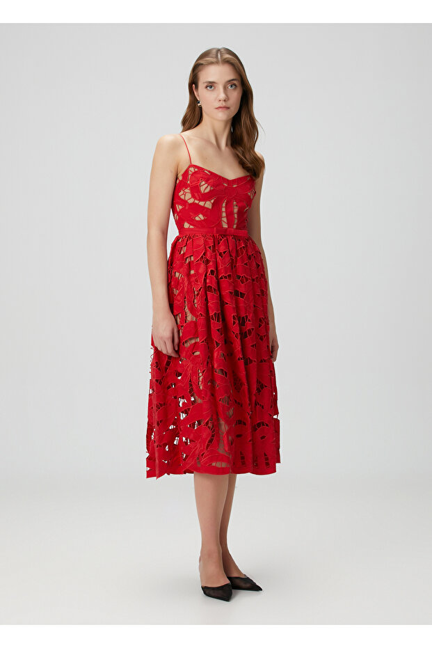 Kırmızı Dantelli Midi Elbise - 3