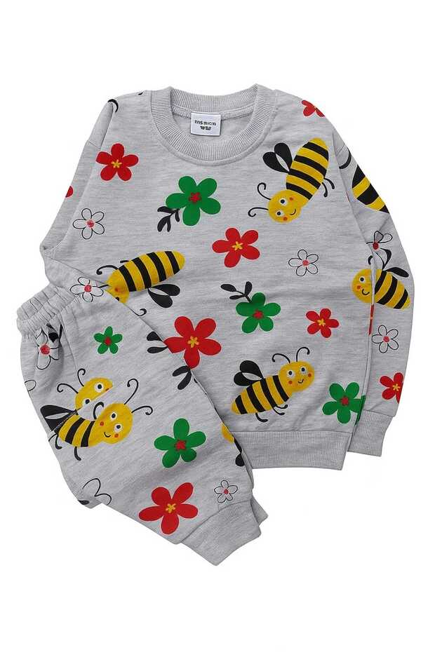 Girl's Gray Bee and Flower Patterned Cotton Long-Sleeved Pajama Set