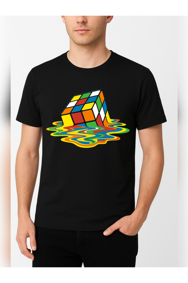 Unisex Oversize Rubik's Cube Printed Cotton Crew Neck Short Sleeve Black T-Shirt