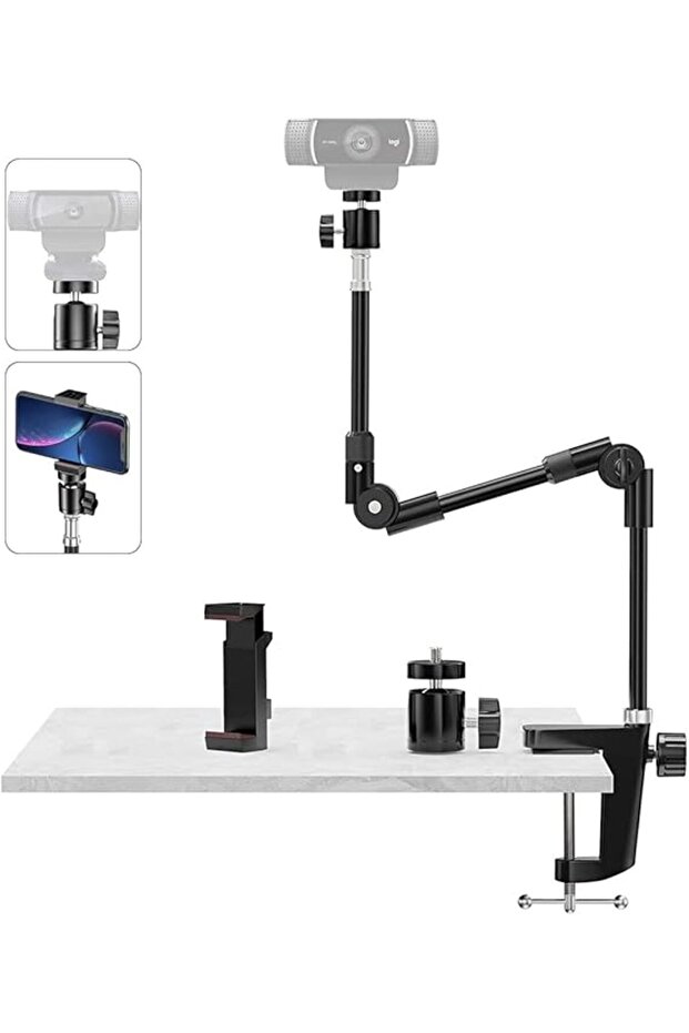Webcam Stand Camera Mount with Phone Holder, 25 Inch Foldable Flexible Gooseneck Cell Phone Clamp &