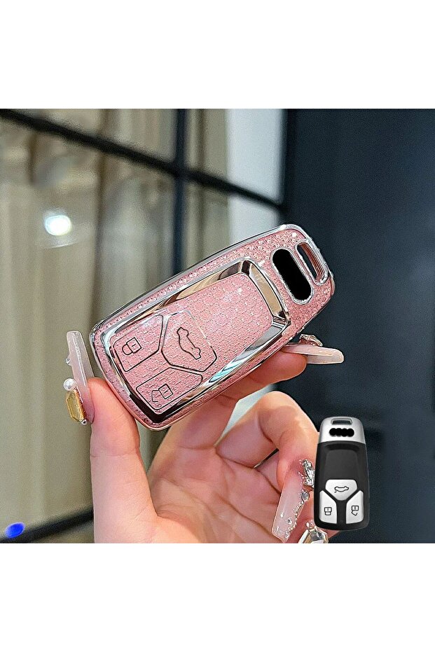 Audi Compatible A6, A5, A4, Q7, Q5, S4, S5, S7, B9, A4L, 4m, 8W, Tt, Tts, Rs, 8S, Diamond Pattern Tpu Key Case Cover (Pink)