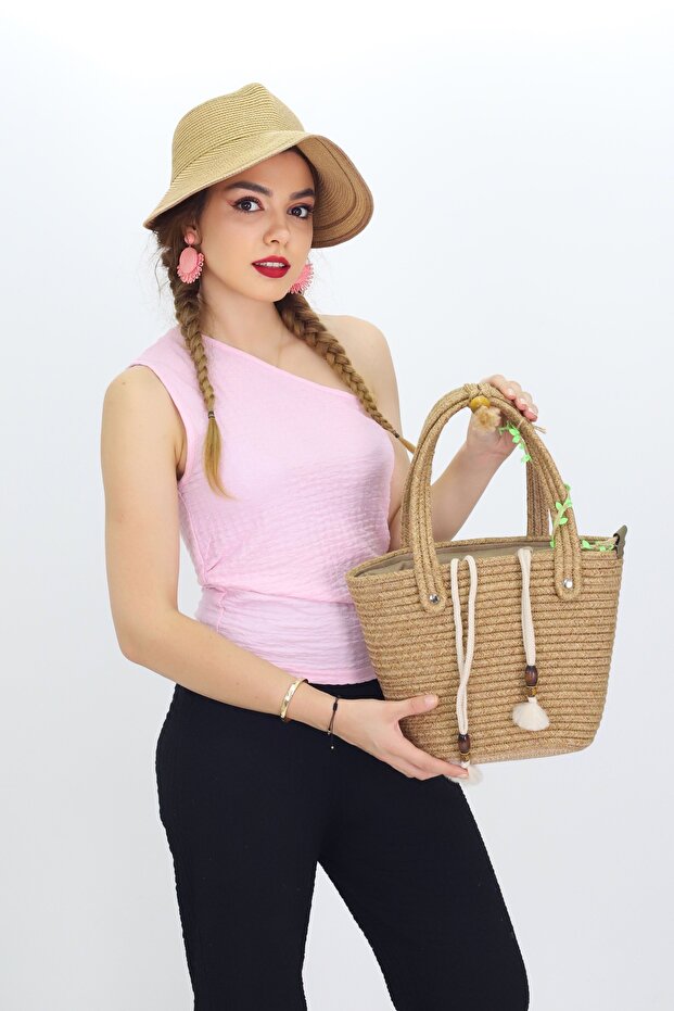 Jutty Bohemian Drawstring Straw Bag with Wooden Detailing Summer Beach Shoulder and Hand Bag
