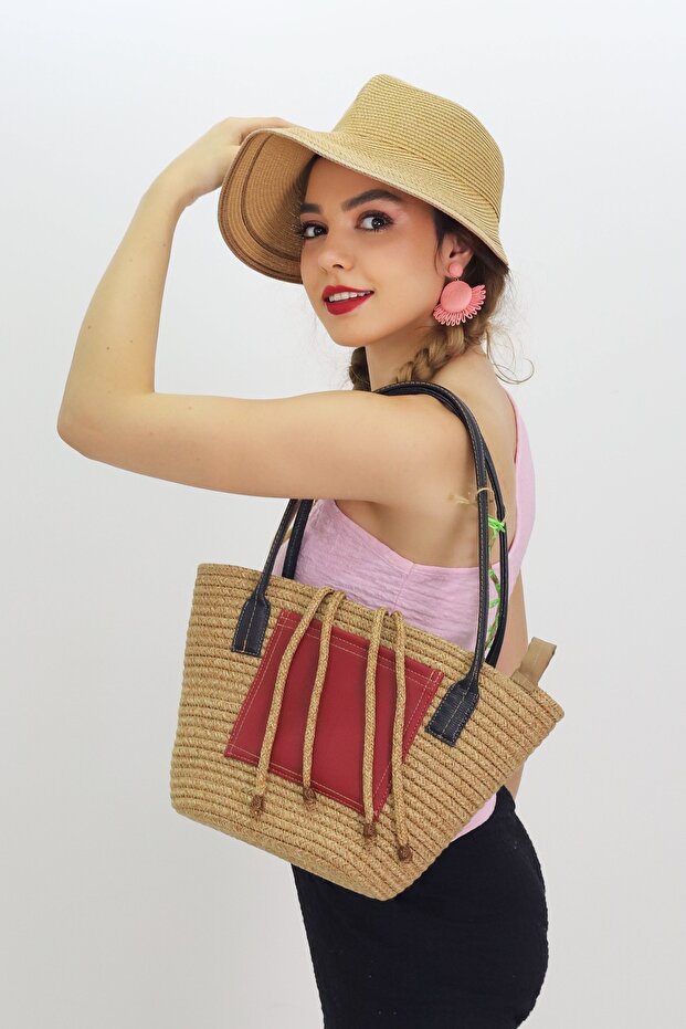 Jutty Jute Straw Bucket Bag with Black Leather Handle and Red Patch Detail Summer Tote Drawstring Beach Shoulder Bag