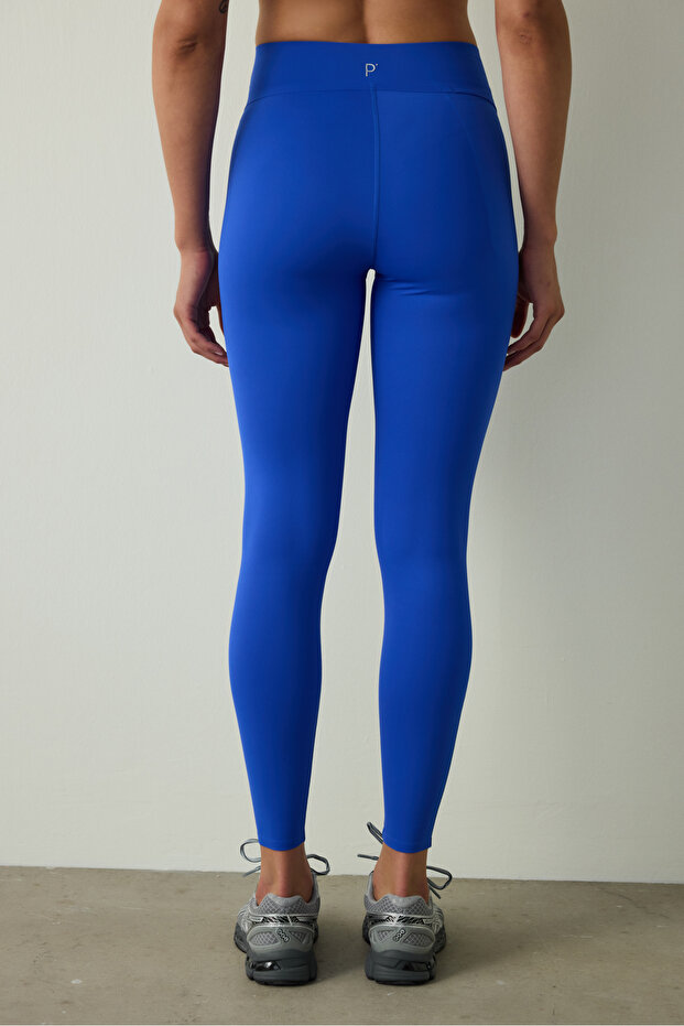 Saks Mavisi Orta Destek Cepli Yüksek Bel Tayt - 4