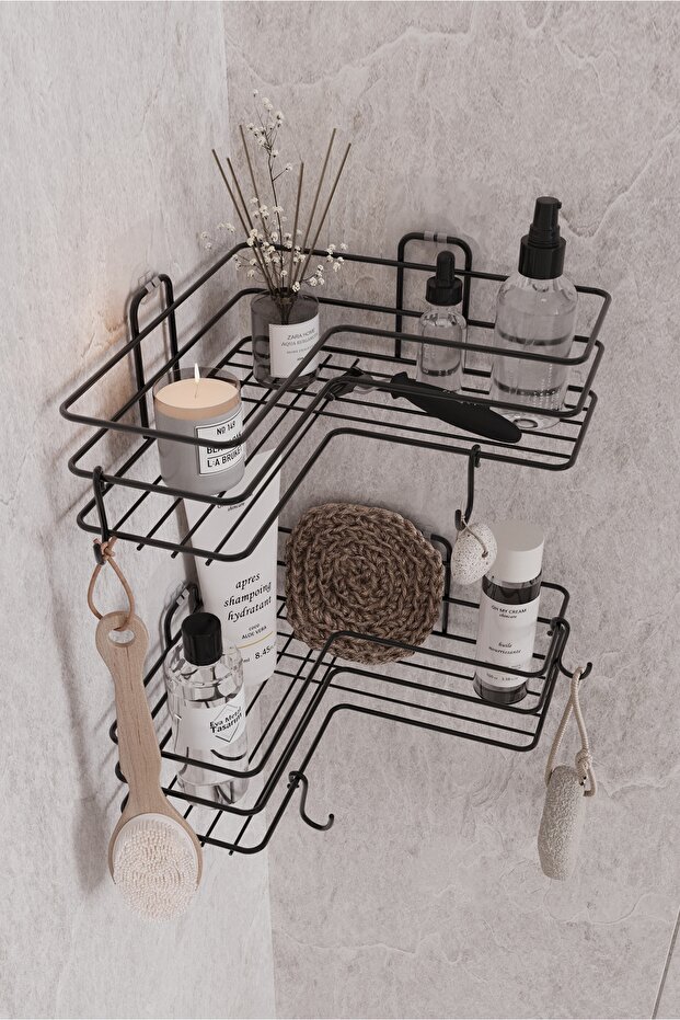 EVA METAL TASARIM Yapışkanlı 2 Adet Banyo Köşeliği Köşe Rafı Duş Şampuanlık Duvar DüzenleyiciOrganizer Raf Siyah Metal