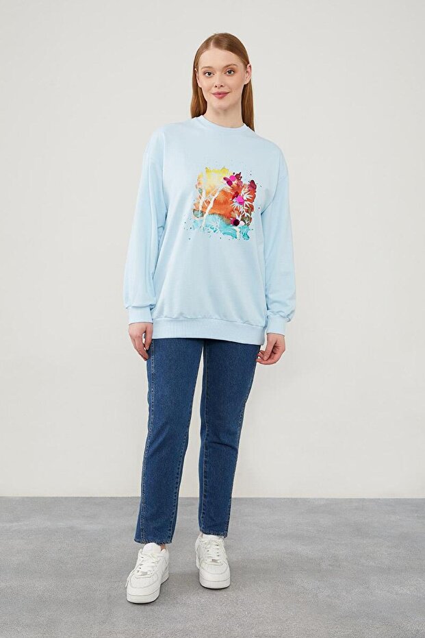 Ice Blue Sequin Embroidered Printed Sweatshirt