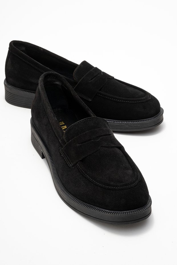Pli̇ne Black Suede Genuine Leather Women's Loafer Shoes