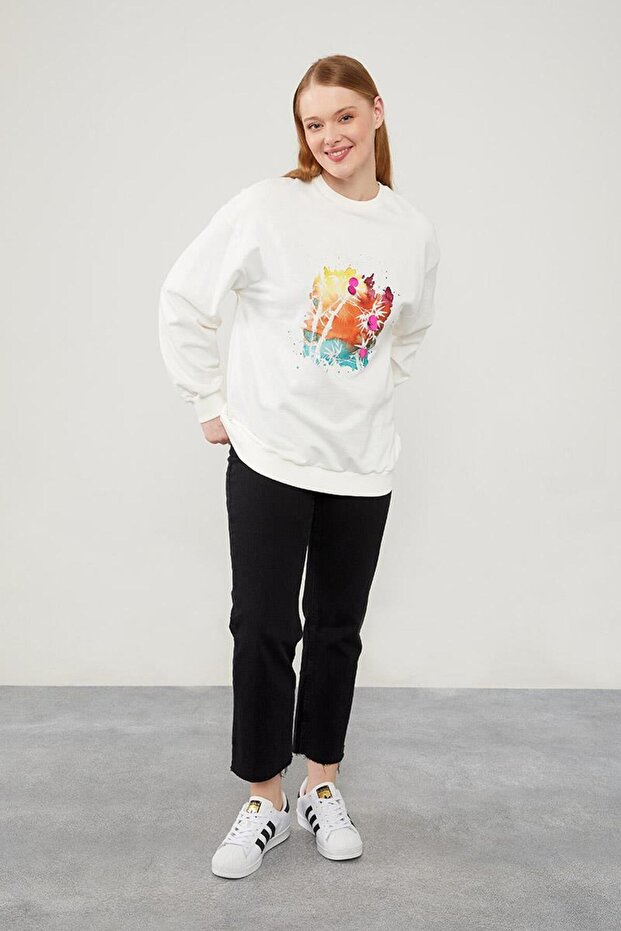 Ekru Pul İşlemeli Baskılı Sweatshirt - 2