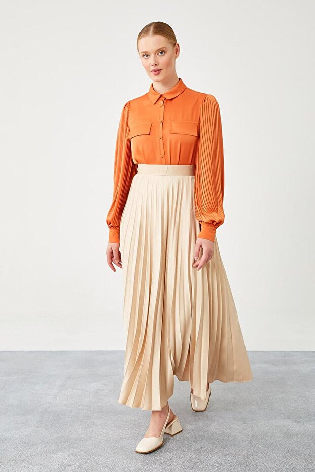 Bej Piliseli Saten Etek - 5