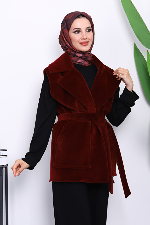 Burgundy Double-Breasted Collar Belted Cashmere Vest