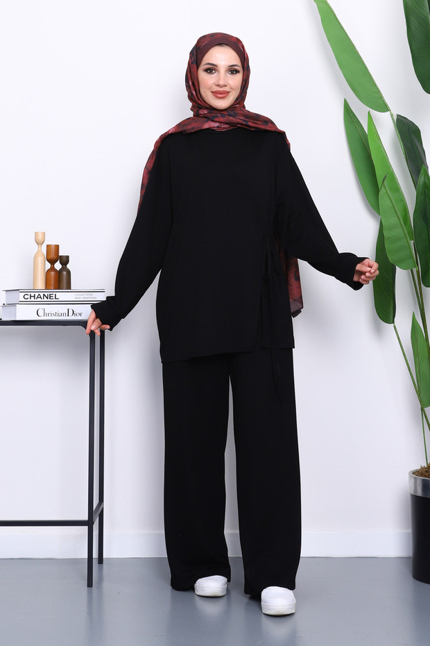 Black Side Tie Tunic with Trousers Modal Suit