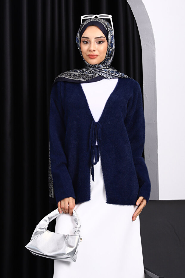 Navy Blue Angora Soft Cardigan with Front Tie Detail