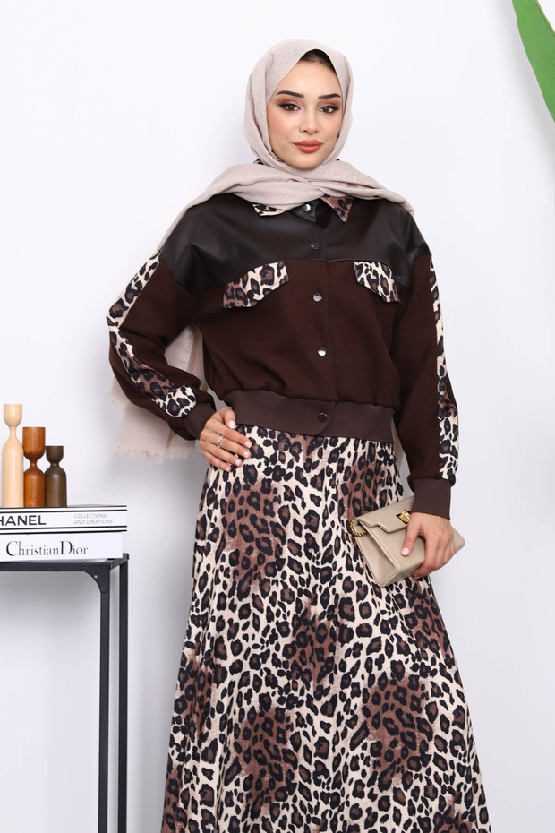 بدلة تنورة سترة بنقشة الفهد البني - 3