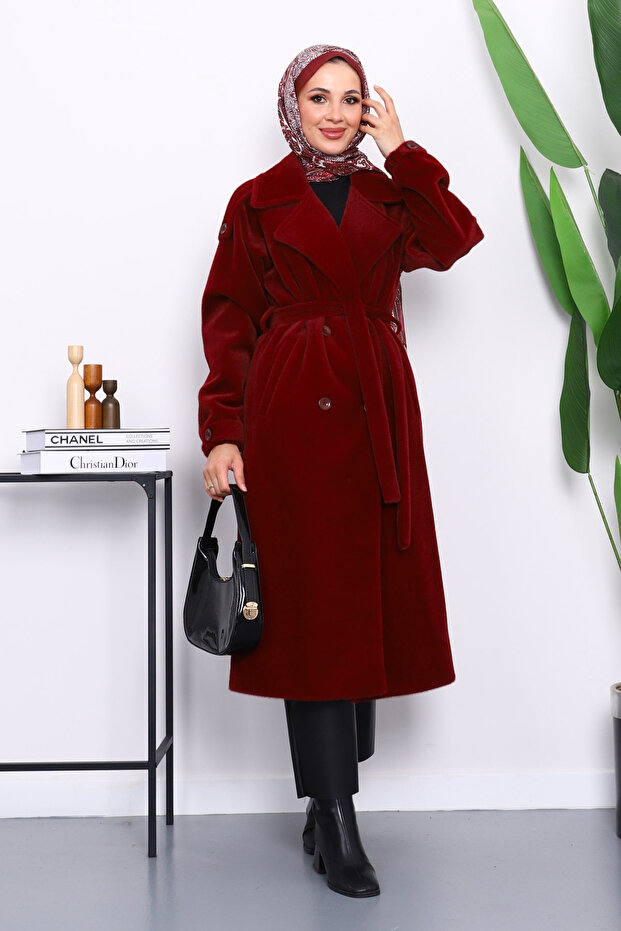 Burgundy Double-Breasted Collar Belted Angora Coat