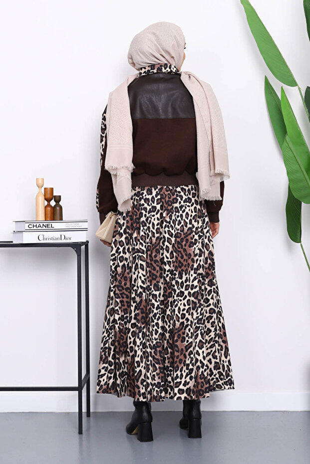 بدلة تنورة سترة بنقشة الفهد البني - 4