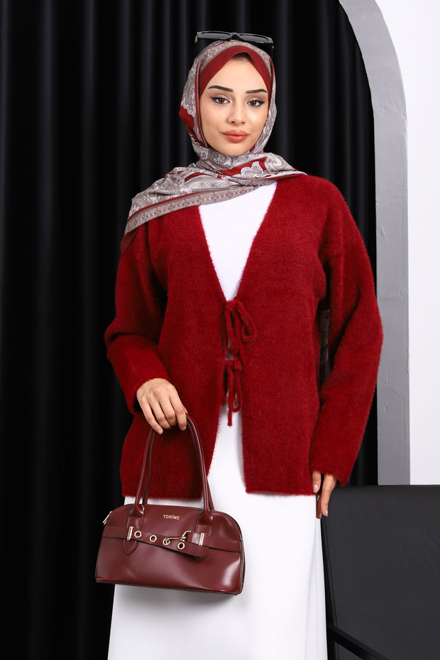 Burgundy Angora Soft Cardigan with Front Tie Detail