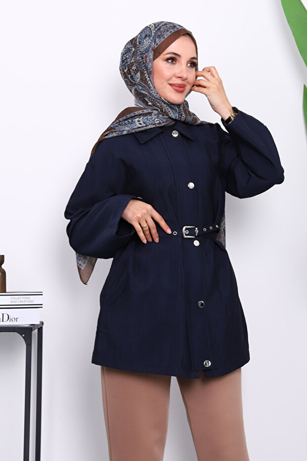 Navy Blue Snap Button Zippered Tunic - 1