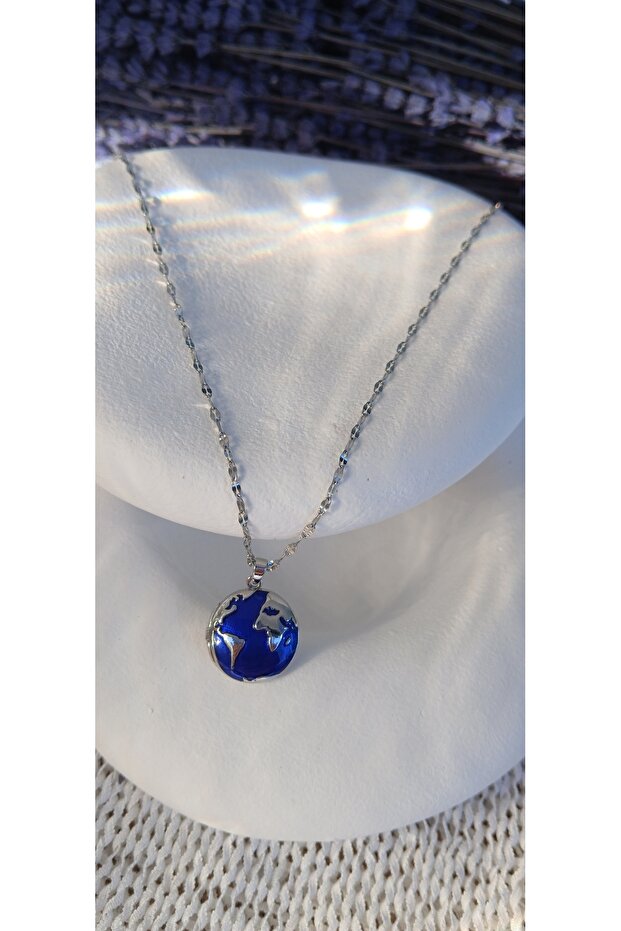 Dünya Detaylı Çelik Kolye - 1