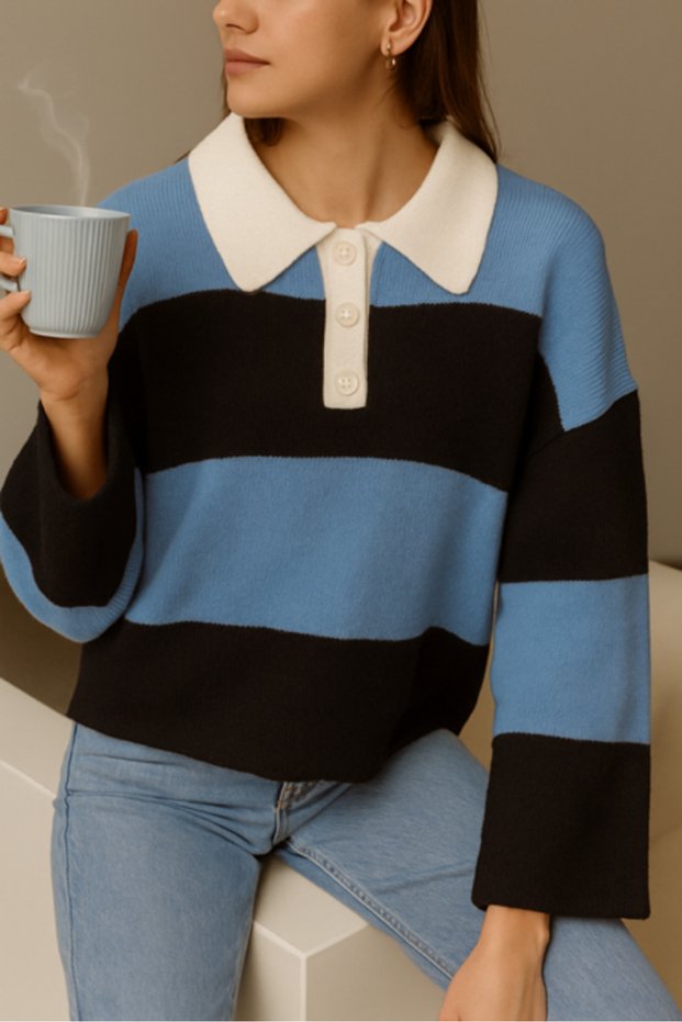 Women's Polo Neck Buttoned Blocky Knitwear Sweater Blue