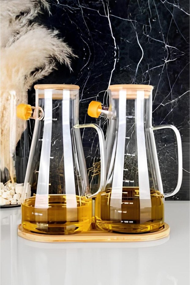 Borosilicate 2-Liter Bamboo Oil Bottle 900 ml Oil Pot Set of 3 Including Oil Bottle