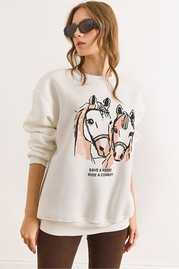 Women's White Horses Embroidered Thick Sweatshirt Swt-19000760
