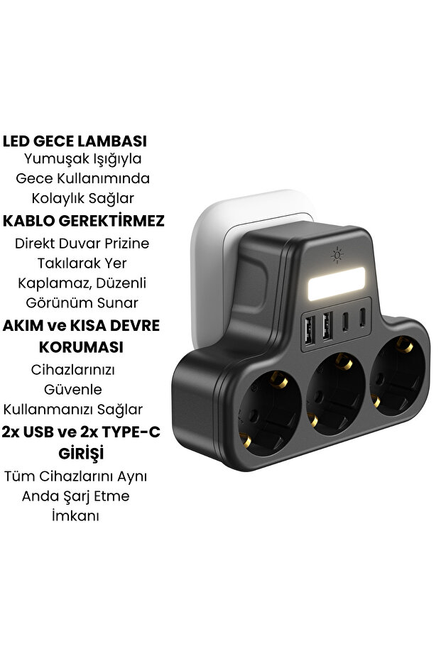 3’lü Duvar Tipi Akım Korumalı Priz | 2 USB-A + 2 Type-C Girişli | LED Gece Lambalı Akıllı Çoklu Priz - 7