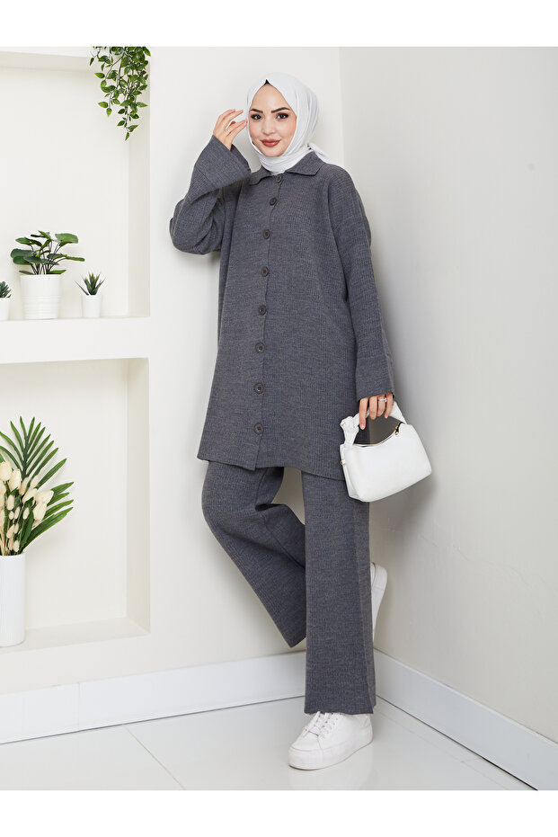Oversize Ribbed Steel Knit Detailed Cardigan Pants Knitwear Set