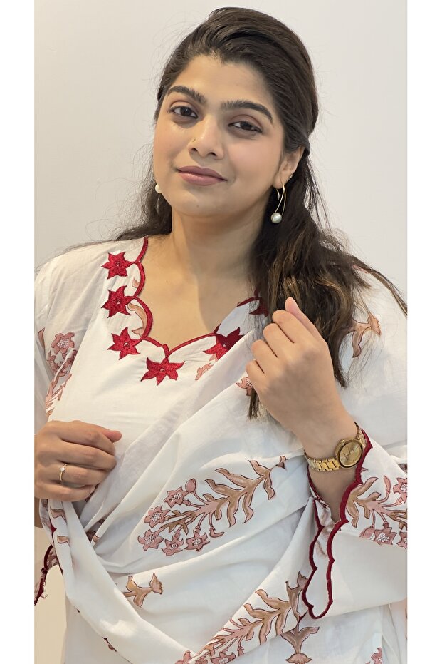 White & Red Embroidery Cotton Kurta Set
