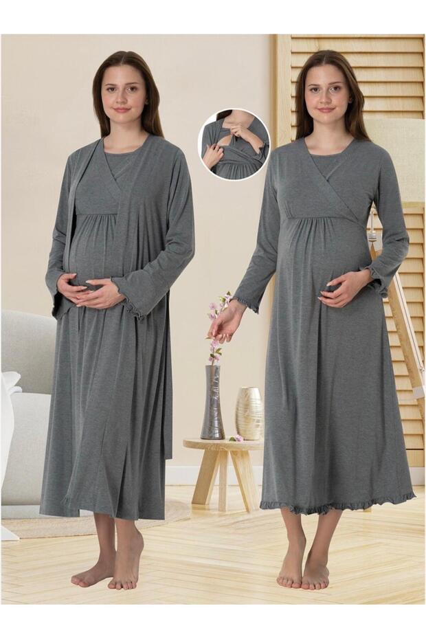 Women's Smoked Special Design Cotton Combed Maternity Nightgown Nightgown Set