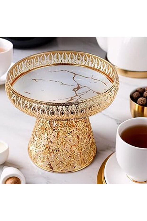 Decorative Cake Stands, Gold Metallic Finish, Marble Pattern Top (001)