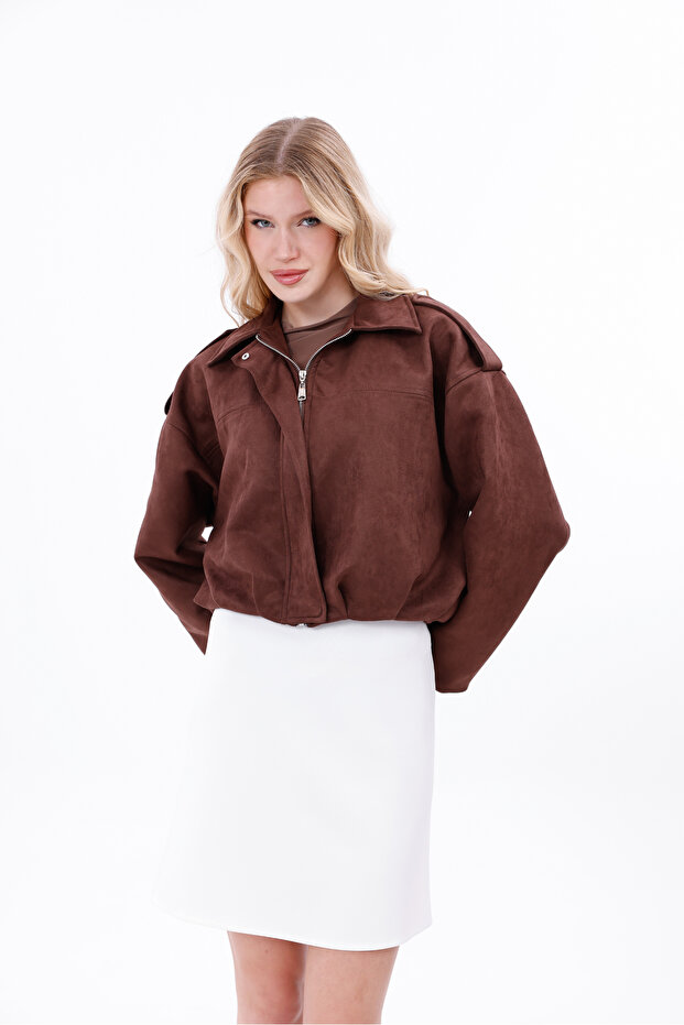 سترة بومبر من جلد الغزال مع جيوب - 1