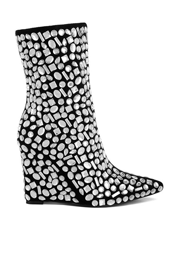 Women Diamante Slim Wedge Heel Boots in Black