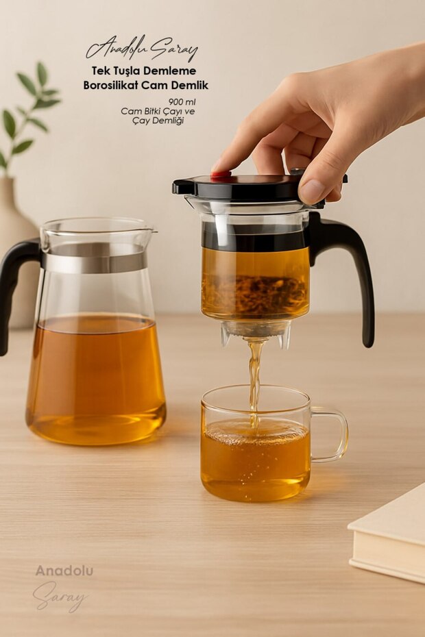 Isıya Dayanıklı Tek Tuşla Demleme Borosilikat Cam Demlik Cam Bitki Çayı ve Çay Demliği 900 ml - 3