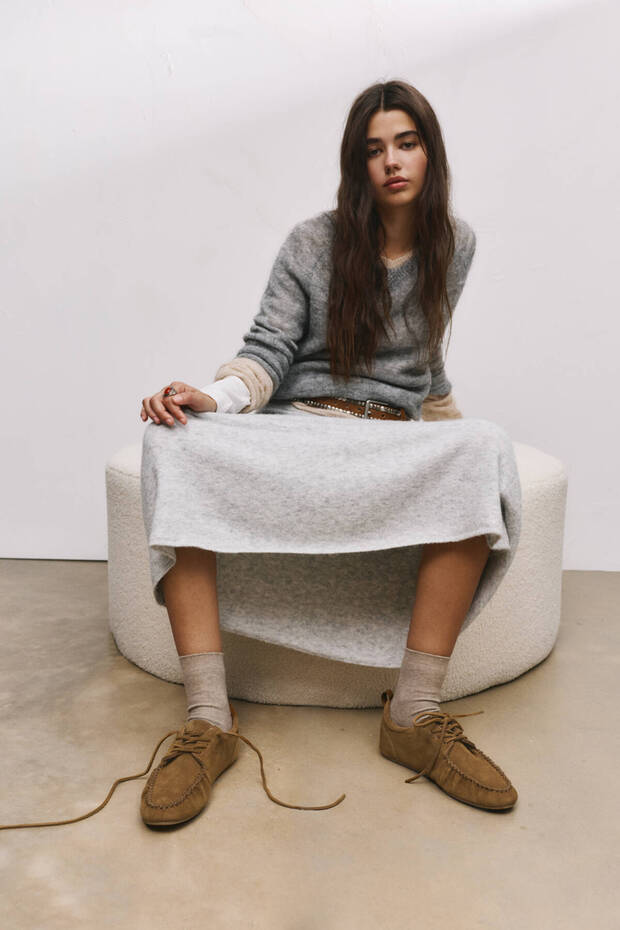 Süet görünümlü düz deri ayakkabı - 1